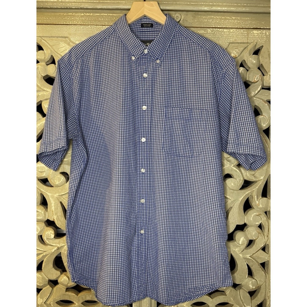 Eddie Bauer Seersucker Shirt Men's L Blue Check Button Front 100% Cotton